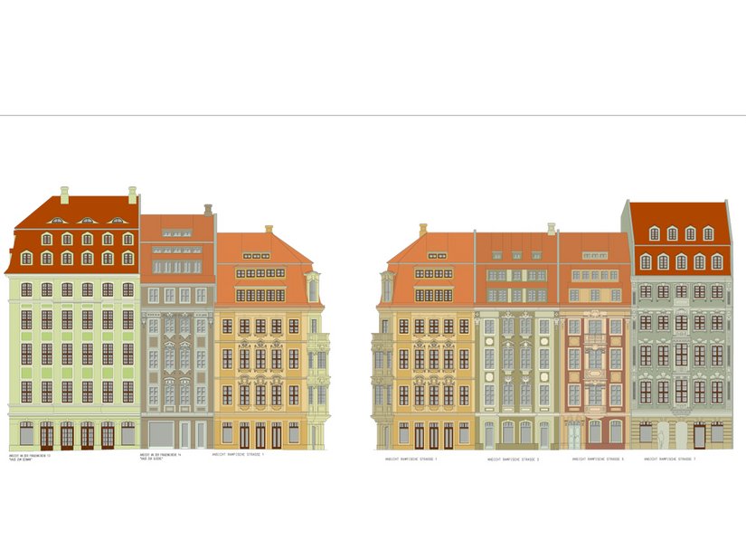Il progetto delle facciate del quadrilatero di edifici che compongono il Quartier II è stato sviluppato in stretta collaborazione tra l'architetto, l'ente per la tutela dei monumenti storici e lo Studio per la progettazione del colore Brillux di Lipsia.